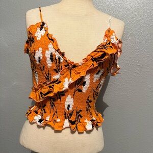 Olivaceous Orange and White Floral Ruffle Camisole